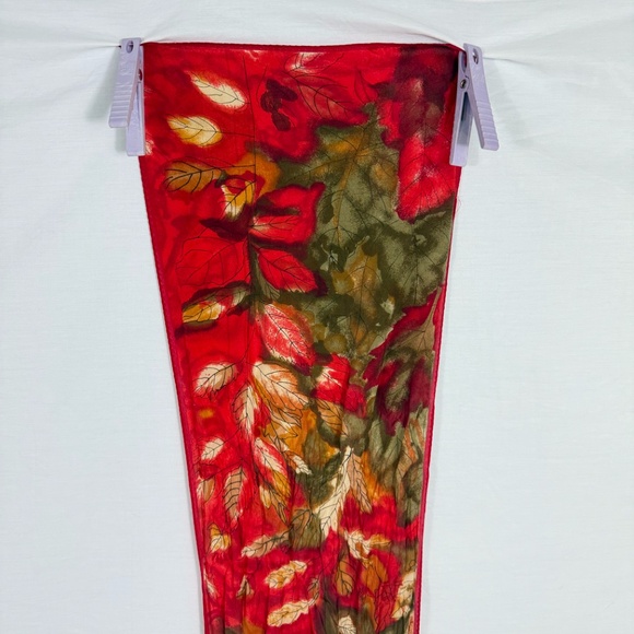 Vera Ibiza Silk Red Scarf With Gold and Green Leaves 52" Long - Picture 2 of 10